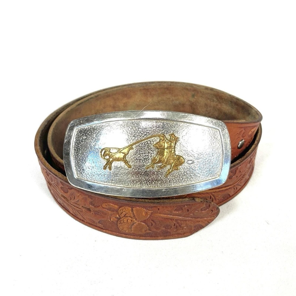 Vintage Justin Western Belt 34 Tooled Leather Cowboy Roping Silver Buckle